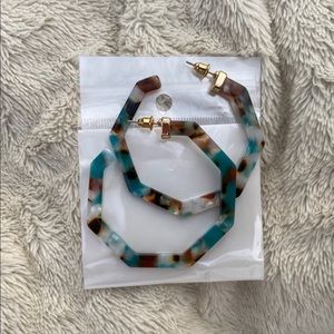 Geometric Teal and Brown Hoop Earrings
